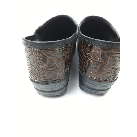 Dansko Womens Professional Clogs Sz 38 7.5-8 Brown Leather Floral Tooled Etched - Picture 8 of 9
